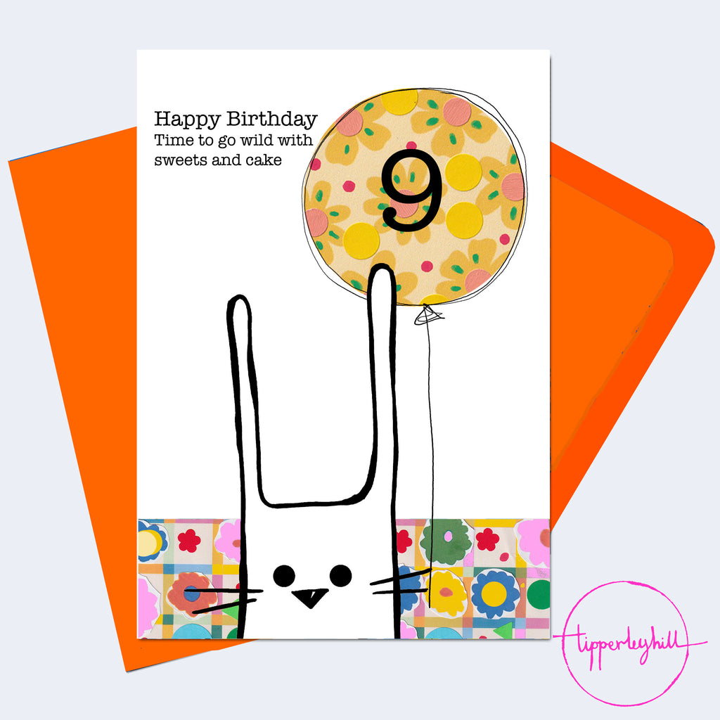 Card, COBD09, Cute bunny ‘Happy Birthday Time to go wild with sweets and cake’ 9th birthday