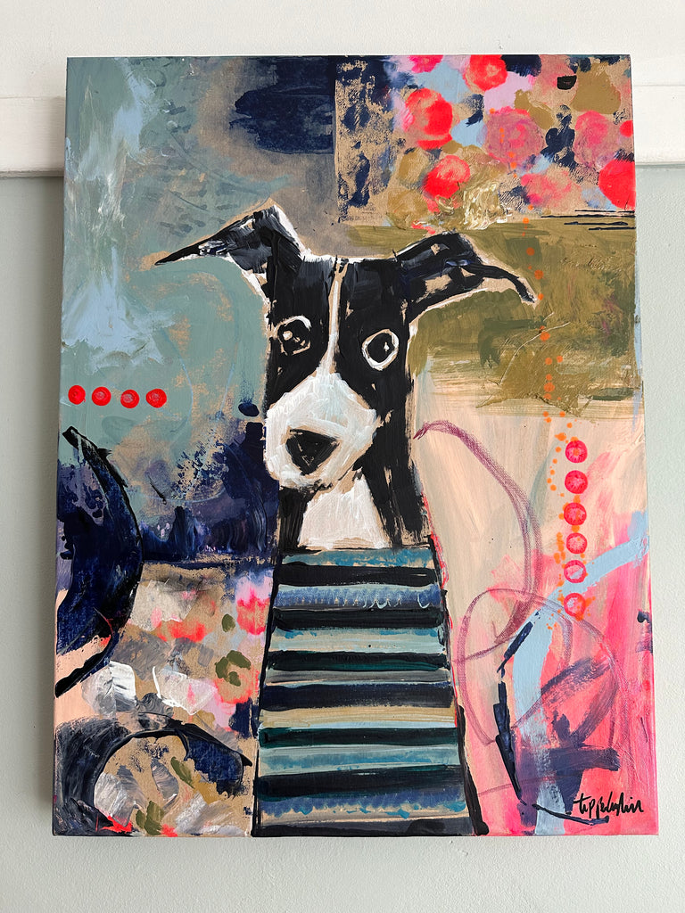 Dog portrait 'Remy’ acrylic and mixed media on 18” x 24” deep edged canvas